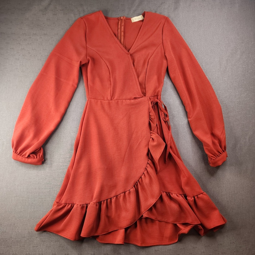 Altar'd State Rust Orange Pumpkin Ruffle Wrap Dress Long Sleeve Fall Mini XS